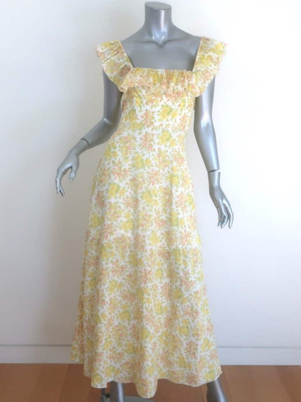 Zimmermann Goldie Ruffled Midi Dress Yellow/Cream Floral Print Linen Size 0